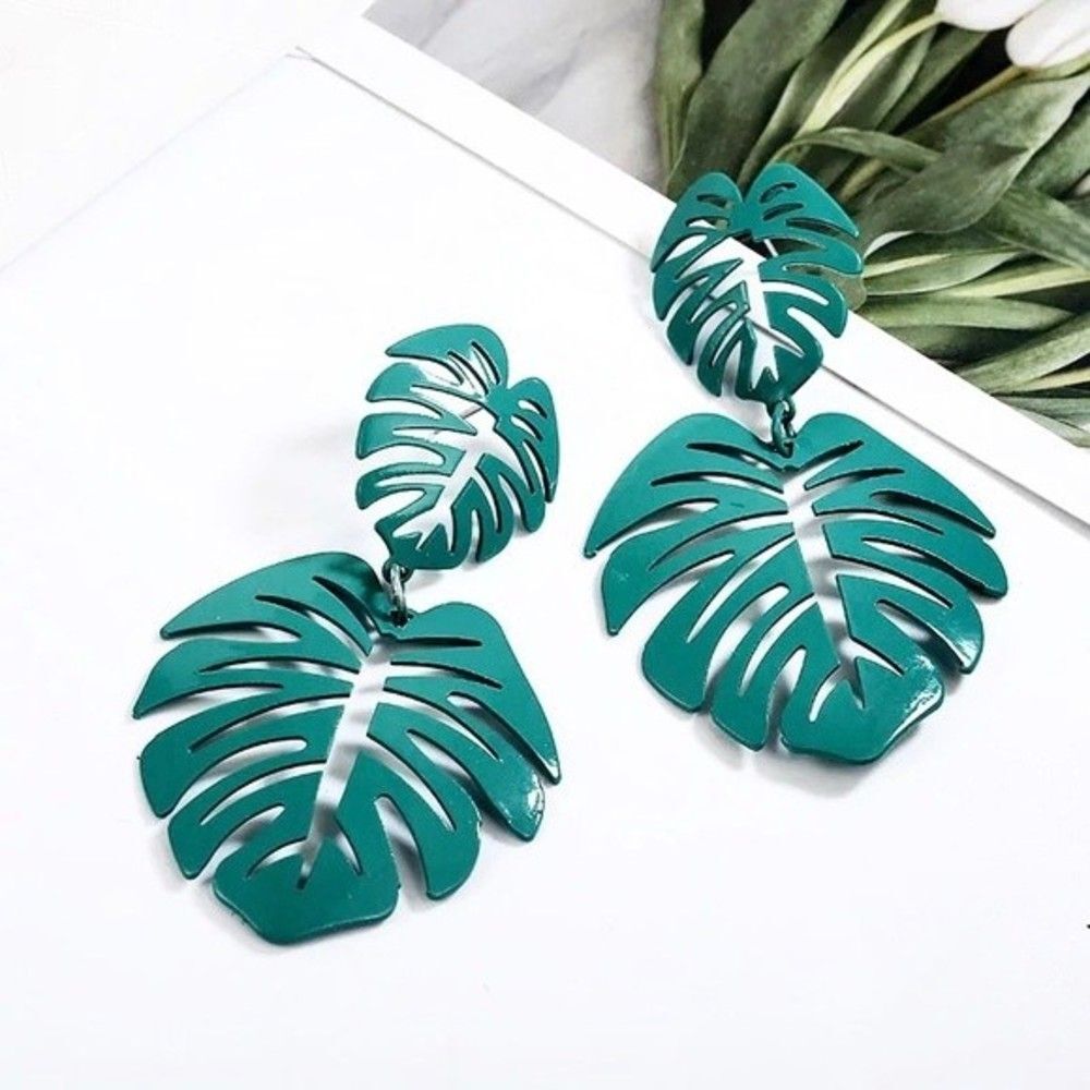 Green Leaf Palm Drop Earrings